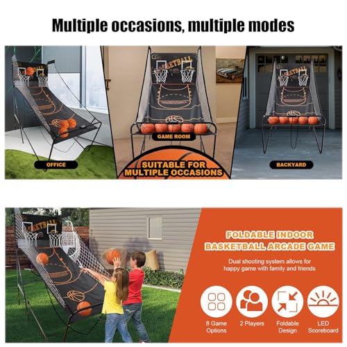 Basketball Arcade Game, Dual Shot Electronic Hoop with 8 Game Modes, Foldable Indoor/Outdoor Set with Balls & Pump for Family Fun