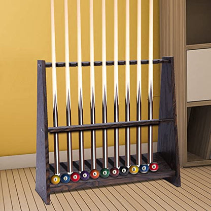 Billiard Cue Racks, 10 Holes Pool Stick Holder Floor Standing, Golf Clubs Billiard Rods Bracket Shelf, Hole Diameter: 3.5cm/1.38inch, Made of Wood, Easy to Assemble, for Fishing Rods/Golf Club