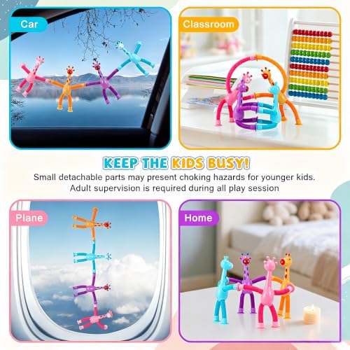 XONTEUS 4 Pcs Pop Tubes Giraffe Travel Airplane Road Trip Car Activities Essential, Telescopic Suction Cup Sensory Fidget Toys,Screen-Free Activity for Toddler 3+ and Kids, Stocking Stuffers for Kids