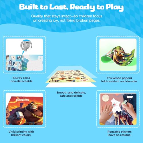 4PCS Paint by Number Sticker Book Travel Activities Toys for Girls Boys Kids Ages 4-10 Road Trip & Airplane & Long Car Rides, Birthday Present, Preschool Classroom Party Gifts - color: Dinosaurs,fierce Animals,mermaid,palace