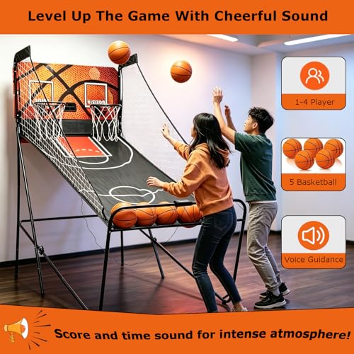 Dual Shot Arcade Basketball Game, 8 Modes Arcade Basketball Game with LED Electronic Scorer Timer Foldable Double Shootout Game 5 Balls for All Players Home Playground Game Halls