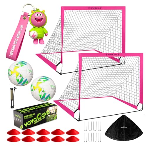 VavaCava 4'x3' Pink Soccer Goal Set, 2 Goals, 2 Balls, Keychain, 10 Cones, Pump, Carry Bag, Portable PopUp Soccer net for Backyard, SGS Certificate
