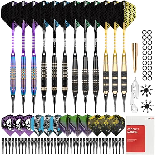 CyeeLife Darts Plastic Tip, Professional Soft Tip Darts Set for Electronic Dartboard 12pcs with 50 Extra Tips 12 Shafts 24 Flights 2 Flight Protctors 20 Rubber O Rings Shaft Lock System and Dart Tool