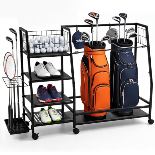 Golf Bag Storage Rack, Heavy Duty Golf Organizer with 4 Storage Zones & Lockable Wheels, Multi-Function Golf Bag Stand for Garage Basement Golf Club