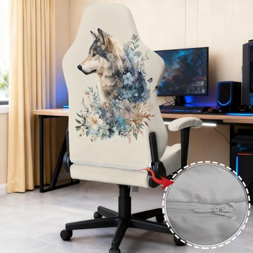 Wolf Flower Print Gaming Chair Covers Slipcovers with Armrest Covers Dust-Proof Decorative Office Desk Chair Cover Universal Fit Office Desk & Racing Computer Gamer Chairs - color: Beige - Wolf Flower