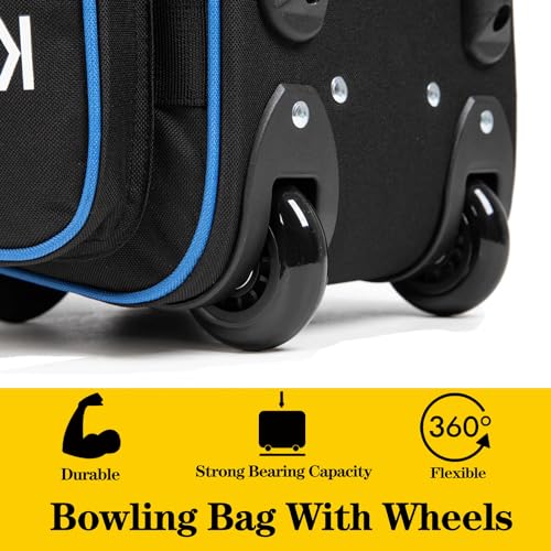 Double Roller 2 Ball Bowling Bag with Large Separate Shoe Compartment and Oversized Accessory Pocket, 36" Extendable Handle. - color: BLUE