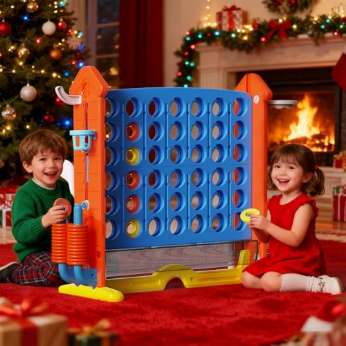 Giant Connect Game - Jumbo 4-to-Score Giant Set | 42 Jumbo Rings Row Board Game 4 Connect with Basketball Hoop, Perfect for Kids, Family and Party Floor Games
