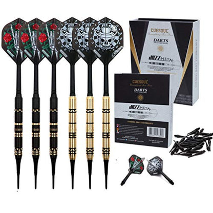 CUESOUL Jazz - Soft Tip Darts Set 19 Grams with 6pcs AK5 Plastic Integrated Flights & 36pcs Plastic Tips for Electronic Dart Board - color: Black Rose + White Skull