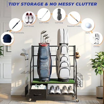 Golf Bag Organizer Storage Rack, Rolling Golf Storage Organizer for Garage, Golf Equipment Holder with Wheels, Turf Mat, Carbon Steel - size: 31.5 in (L) x 15.8 in (W) x 37.4 in (H)