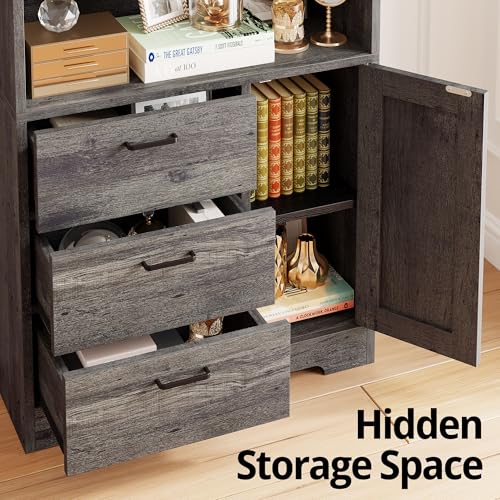 IRONCK Bookshelf with Doors and 3 Drawers 71 in Tall Bookcase with 3-Tier Shelves, Industrial Book Shelf with Storage for Living Room Entrance Hallway Home Office - color: Charcoal Grey