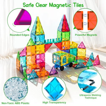 Bmag 100PCS Magnet Building Blocks with 2 Cars for Kids, Magnetic Tiles Stacking Building Set for Boys Girls, STEM Preschool Educational Learning Construction Toy - size: 100
