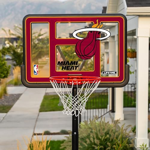 Lifetime NBA Miami Heat Portable Basketball Hoop, Adjustable Height 7.5-10 Ft, 44 Inch Shatterproof Fusion Backboard, Base with Wheels - color: Miami Heat