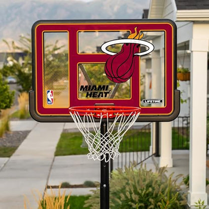 Lifetime NBA Miami Heat Portable Basketball Hoop, Adjustable Height 7.5-10 Ft, 44 Inch Shatterproof Fusion Backboard, Base with Wheels - color: Miami Heat