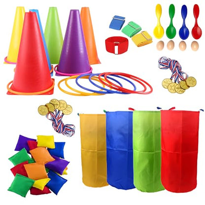CircleCraft 53 Pcs Outdoor Games for Kids & Adults – Field Day & Lawn Carnival Games | Ring Toss, Bean Bag, Potato Sack Race Bags, Egg Spoon, Relay Race & Yard Game for Christmas and Easter