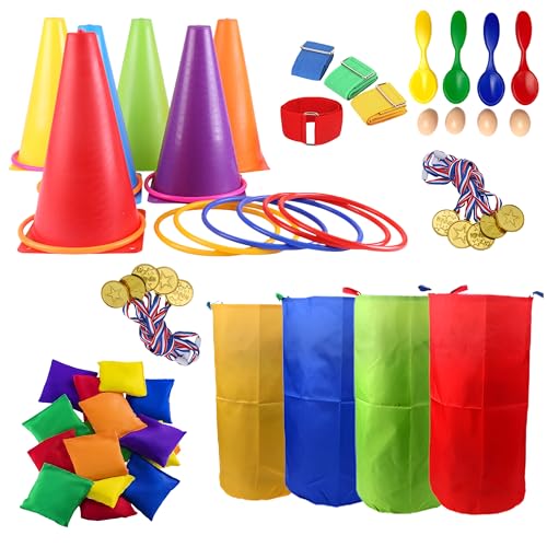 CircleCraft 53 Pcs Outdoor Games for Kids & Adults – Field Day & Lawn Carnival Games | Ring Toss, Bean Bag, Potato Sack Race Bags, Egg Spoon, Relay Race & Yard Game for Christmas and Easter