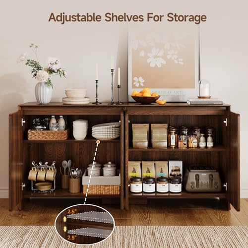 ONBRILL 63" Sideboard Buffet Cabinet with Storage, Buffet Sideboard Cabinet with 4 Doors & Adjustable Shelves, Modern Coffee Bar Console Table for Living Room, Kitchen, Entryway - color: Walnut