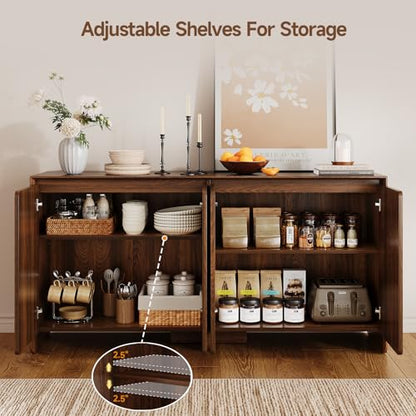 ONBRILL 63" Sideboard Buffet Cabinet with Storage, Buffet Sideboard Cabinet with 4 Doors & Adjustable Shelves, Modern Coffee Bar Console Table for Living Room, Kitchen, Entryway - color: Walnut