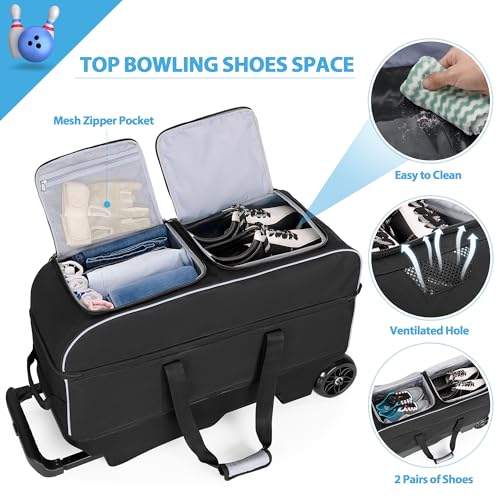 GOBUROS 3 Ball Roller Bowling Bag with Multi Accessory Pockets and Shoes Compartment, Fits 2 Pairs of Size 16 Shoes, 3 Ball Bowling Bags with Large Wheels and Retractable Handle Extends to 41.5"