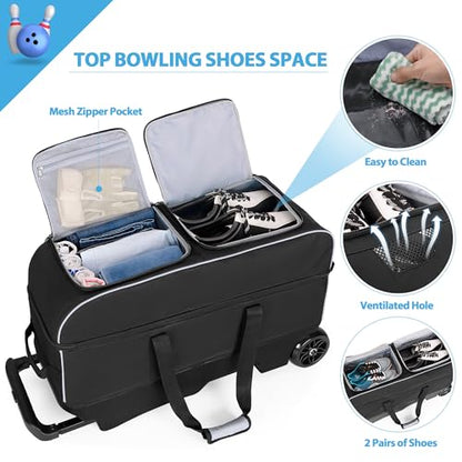 GOBUROS 3 Ball Roller Bowling Bag with Multi Accessory Pockets and Shoes Compartment, Fits 2 Pairs of Size 16 Shoes, 3 Ball Bowling Bags with Large Wheels and Retractable Handle Extends to 41.5"