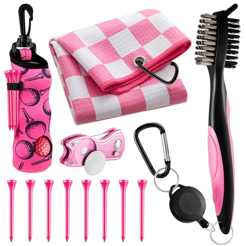 Liliful 12 Pcs Golf Accessories Kit, Include Golf Ball Bag with Hook Towel Tees Magnetic Ball Marker Divot Tool Cleaner Brush for Women Man Gifts - color: Rose Pink, style: Checkered