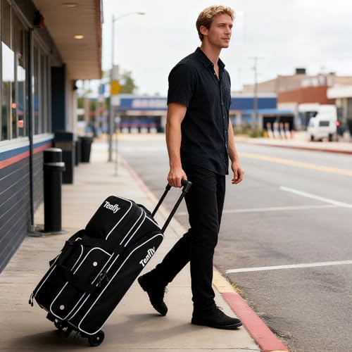 Triple Roller Bowling Bag with Wheels, Heavy Duty 3 Ball Bag for League & Recreational Bowlers - color: Black