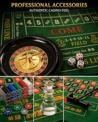 Roulette Wheel Game Set Include 47.2" x 23.6"Rubber Tabletop Layout Mat(Double Sided)，10 Inch Roulette Wheel，200 Chips Dealer Button，Win Marker，3 Dices，Chip Rake Casino Game Sets Gift Ideas