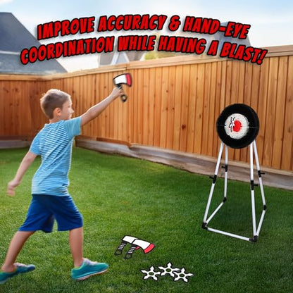 Kiddie Play Axe Throwing Game Set with Target 3 Axes and 3 Throwing Stars Indoor & Outdoor Play for Kids and Adults, Black