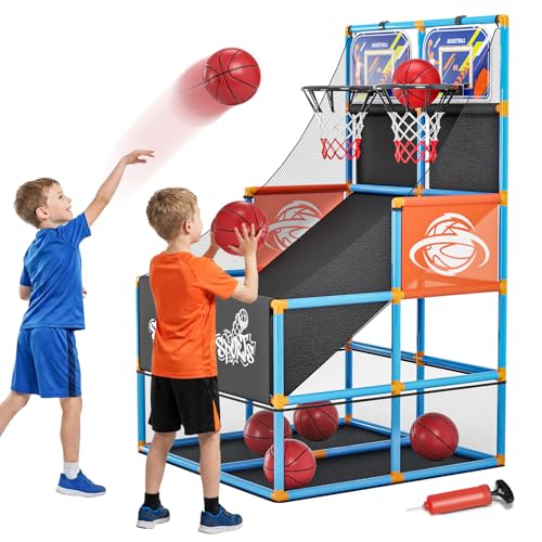 Dual Shot Arcade Basketball Game Set Boy Toys:Kids Basketball Hoop with 6 Balls Electronic Scoreboard LED Light Indoor Outdoor Sports Toy Activities for Boys Girls Birthday Gifts Aged 3-5 6-8 8-12 - style: Blue Double Scoring Basketball Hoop