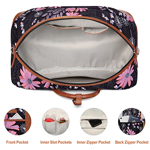 Weekender Bag for Women, Large Overnight Bag Canvas Travel Duffel Bag Carry On Tote with Shoe Compartment 21" 3Pcs Set - color: A08-brown+black flower