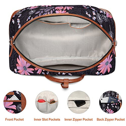 Weekender Bag for Women, Large Overnight Bag Canvas Travel Duffel Bag Carry On Tote with Shoe Compartment 21" 3Pcs Set - color: A08-brown+black flower