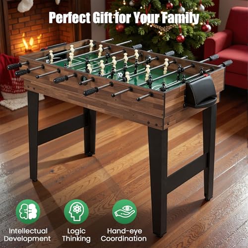 GYMAX Multi Game Table, 10 in 1 Combo Game Table w/Foosball Table, Hockey, Pool Table, Ping Pong, Shuffleboard, Bowling & 4 Board Games, Game Tables for Game Room, Home, Family - color: Wood Grain