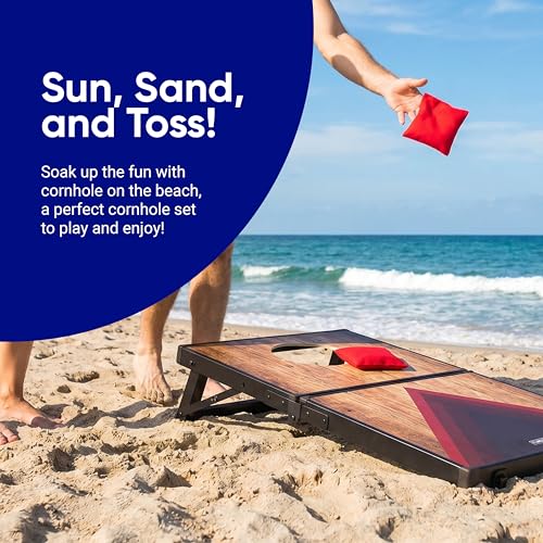 Flingsport Cornhole Board Set 24"x15" - 2 Boards Portable Corn Hole Set - Solid Plywood Tops with Aluminum Frame & Legs - Travel Cornhole Boards - Includes 8 Bean Bags, Travel Case & Game Rules