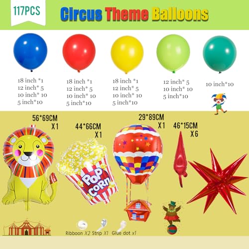 117PCS carnival circus Balloon garland kit with Red Blue Yellow Teal and Lion & Popcorn & Hot Air Balloon and Link Balloons for cartoon clown Theme birthday Party Decorations