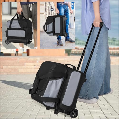 GOBUROS Single Ball Roller Bowling Bag with Wheels and Retractable Handle Extends to 35.4 Inches, Single Bowling Ball Bag with Shoe Compartment and Multiple Accessory Pockets, Black and Gray