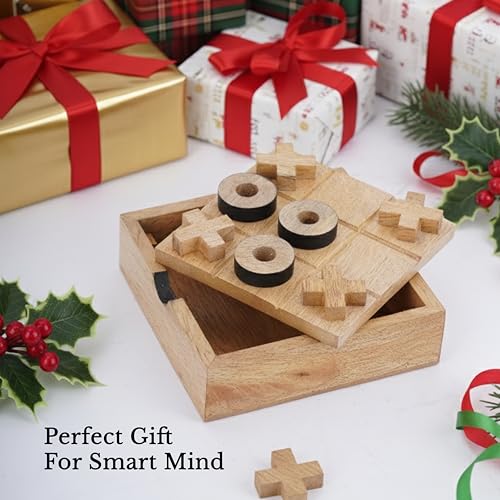 Ajuny Wooden Tic Tac Toe Game for Kids & Adults Travel XOXO Board Game Set for Coffee Table Decor Living Room Famil Farmhouse Desk Gift- 5.5 Inch