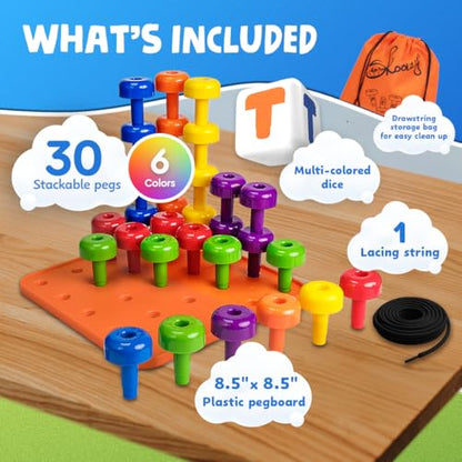 Skoolzy Peg Board Set - Montessori Toys for 2 Year Old - 33 Pc Plastic Peg Board for Kids - Occupational Therapy Toys with Pegs, Dice, Lacing String & Storage Bag - style: Peg Set with Plastic Board (33 pc)