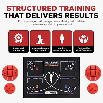 Portable Basketball Footwork Training Mat & SafeBounce System | At-Home Skill Training for Ball Handling, Footwork & Control | Includes DrillMat Outdoor, Regulation & Mini Trainer Balls