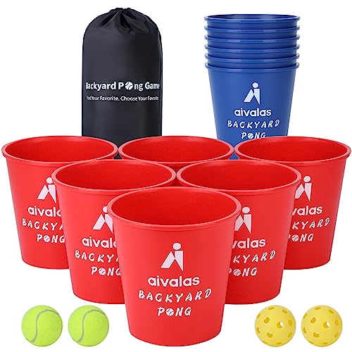 Aivalas Yard Pong Outdoor Games, Giant Yard Games Set with 12 Buckets and Balls for Adults and Family, Toss Game Throwing Games for Beach, Camping, Lawn and Backyard - color: Blue/Red