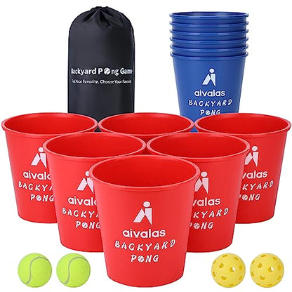 Aivalas Yard Pong Outdoor Games, Giant Yard Games Set with 12 Buckets and Balls for Adults and Family, Toss Game Throwing Games for Beach, Camping, Lawn and Backyard - color: Blue/Red