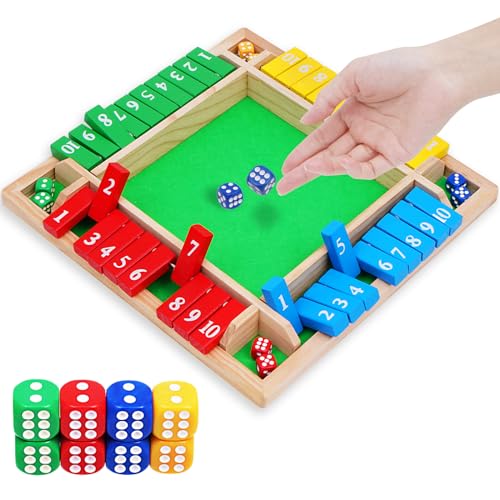 1-4 Players 12IN Large Shut The Box Dice Game, 10 Numbers Traditional Wooden Pub Bar Board Family Table Mat Game Dice for Adults - color: Multicolor, size: 12in