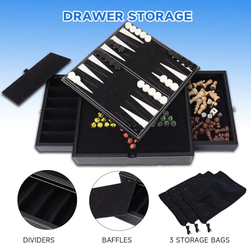GSE Games & Sports Expert 12.5" Premium Leather 5-in-1 Chess, Checkers, Backgammon, Chinese Checkers, and Poker Dice Board Game Combo Set for Kids & Adults