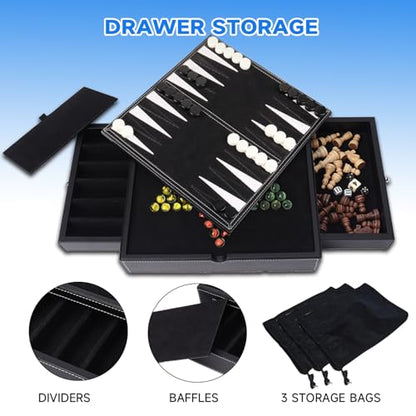 GSE Games & Sports Expert 12.5" Premium Leather 5-in-1 Chess, Checkers, Backgammon, Chinese Checkers, and Poker Dice Board Game Combo Set for Kids & Adults