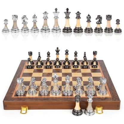Luxury Large Chess Set 17 Inch Wooden Chess Board with Metal and Acrylic Chess Pieces, 3.5" King, 2 Extra Queens, Foldable Tournament Chess Set for Adults and Kids, Gift Display Chess Game Collection