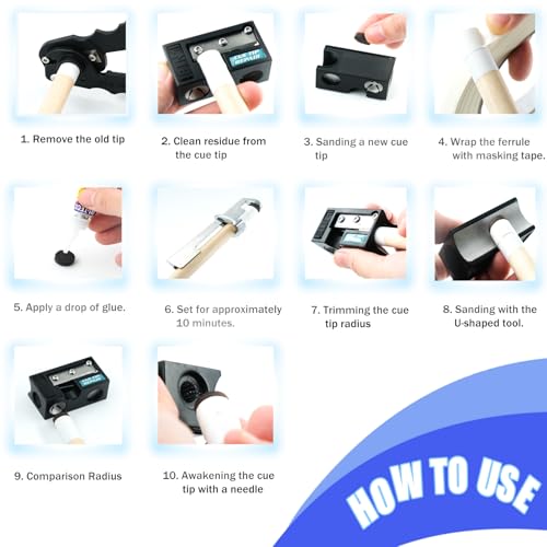 Pool Cue Tips Replacement Kit, 13mm Pool Cue Tip Repair Tool Kit, Billiards Cue Replacement Tip Kit with Cue Cloth, Pool Chalk, Billiard Pool Accessories