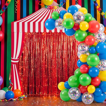 Peryiter 119 Pcs Carnival Circus Party Decorations Set Red White Striped Backdrop Banner Foil Fringe Curtain Balloon Arch Kit, Carnival Circus Theme Supplies for Birthday Party, Event Celebration - style: Carnival