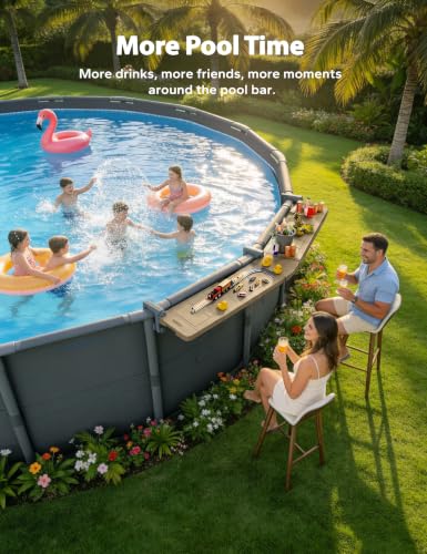 POOLHACKER Poolside Bar Extended, [Original] Swim Up Bar Exclusively for Above-Ground Round Pools. Patio Poolside Table Smart Fold Easy Maintenance, Weather Resistant Stable Tabletop - color: Light Brown