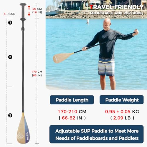 SUP Paddleboard Paddle with Carbon Fiber Shaft and Enhanced PP Blade, Adjustable Stand Up Paddle Board Paddle, 66-82" (170-210 cm), Bamboo Pattern Series - color: Bamboo&Blue Wave Pattern