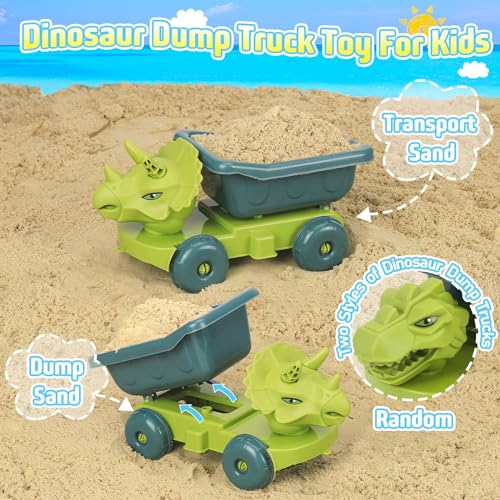 Beach Sand Toys, Sandbox Toys with Dinosaur Dump Truck, Collapsible Bucket, Creative Molds, Mesh Bag, Sand Castle Play Set for Kids Ages 3-12, Outdoor Summer Beach Essentials for Building & Playing