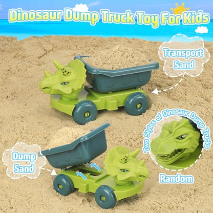 Beach Sand Toys, Sandbox Toys with Dinosaur Dump Truck, Collapsible Bucket, Creative Molds, Mesh Bag, Sand Castle Play Set for Kids Ages 3-12, Outdoor Summer Beach Essentials for Building & Playing