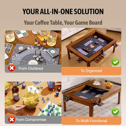 Solid Wood Board Game Coffee Table with Removable Top, 3-in-1 Gaming and Dining Table Includes Play Mat & Detachable Cup Holders, 48" L x 33" W - color: Cherry01